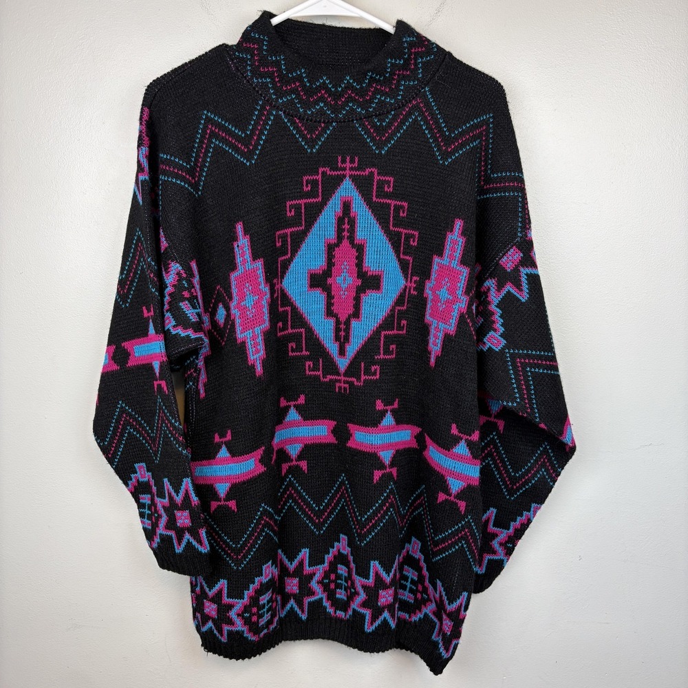 Vintage Wye‎ Oaks Sweater Mens Medium Black Southwest Aztec Knit Pullover 90s